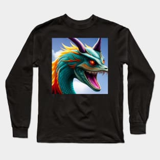 Cyan Dragon with Orange Mane and Purple Horns Long Sleeve T-Shirt